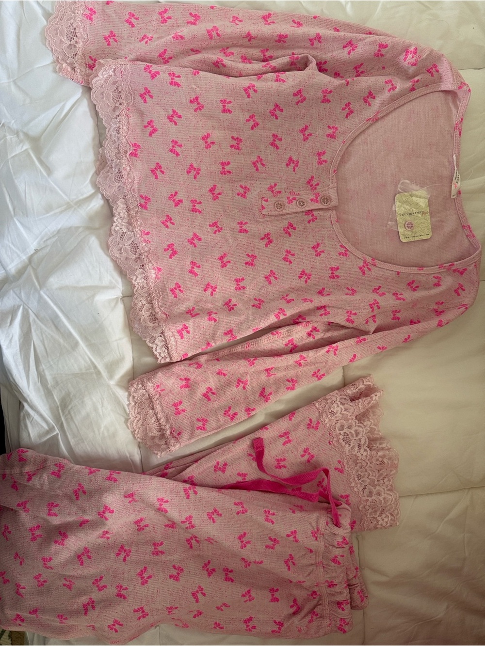 Free People Pink Lace-Trim Bow Print Pajama Set